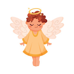 Cute Boy Angel with Wings and Nimbus Vector Illustration