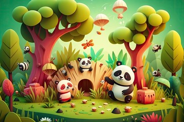 Group of cute panda in the forest