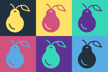 Pop art Pear icon isolated on color background. Fruit with leaf symbol. Vector