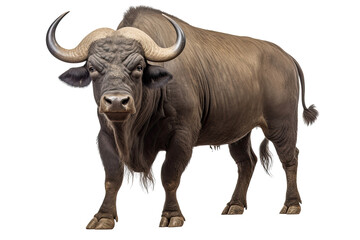 Portrait of Africa buffalo that looking at camera isolated on clean png background, cape buffalo in the nature, wildlife concept