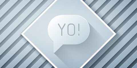 Paper cut Yo slang lettering icon isolated on grey background. Greeting words. Paper art style. Vector