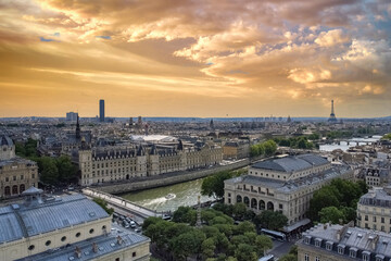 Paris, panorama of the city, with the Conciergerie on the Seine, the Montparnasse tower and the Eiffel Tower in background

