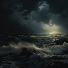 cinematic view of the stormy sea with dark clouds in the sky.  - obrazy, fototapety, plakaty