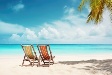 Two sun loungers on a tropical beach