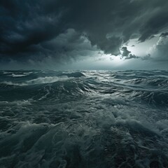 cinematic view of the stormy sea with dark clouds in the sky.  - obrazy, fototapety, plakaty
