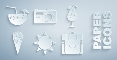 Set Sun, Cocktail and alcohol drink, Ice cream waffle cone, Hiking backpack, Photo camera and Coconut cocktail icon. Vector