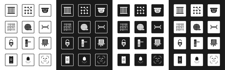Set Motion sensor, Social network, Binary code, Prison window, Barbed wire, Graphic password protection, Paper shredder and Lock and key icon. Vector