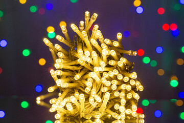 LED string lights. Party holiday christmas decoration lights. Close up christmas LED lighting