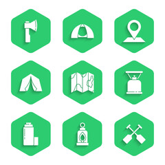 Set Location of the forest on map, Camping lantern, Paddle, gas stove, Thermos container, Tourist tent, and Wooden axe icon. Vector