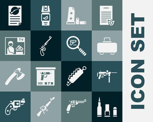 Set Bullet, Submachine gun M3, Weapon case, Gun magazine and bullets, Revolver, Advertising weapon, Firearms license certificate and Pistol or search icon. Vector