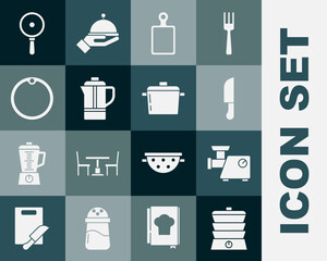 Set Slow cooker, Kitchen meat grinder, Knife, Cutting board, Teapot, Frying pan and Cooking icon. Vector