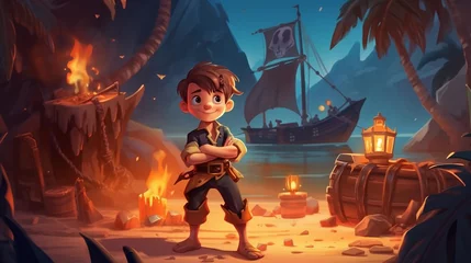 Fototapete Piraten A pirate boy is standing on the night beach. A sailing ship and a sea bay in the background.  © Vasily Merkushev