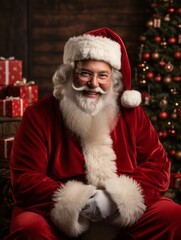 Photo of a person dressed as Santa Claus sitting in front of a festive Christmas tree created with Generative AI technology