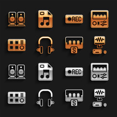 Set Headphones, Drum machine, Music recording studio, wave equalizer, Record button, Stereo speaker and MP3 file document icon. Vector