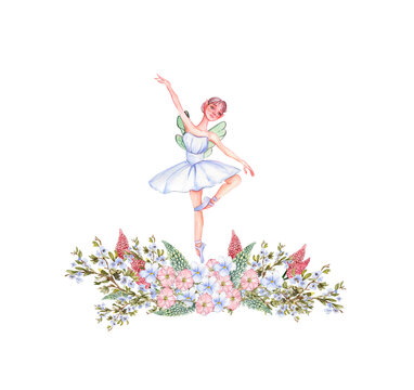 Composition of dancing ballerina with flowers. Hand drawn classic ballet performance, pose. Young pretty ballerina women illustration. Can be used for postcard and posters.