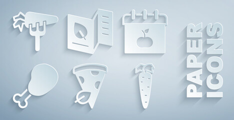 Set Vegan pizza slice, World Vegetarian day, Chicken leg, Carrot, food menu and icon. Vector