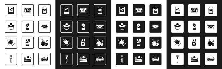 Set Jam jar, Bottle of water, Camping hat, Photo frame, Watermelon, Portable video game console, Fruit and Fish icon. Vector