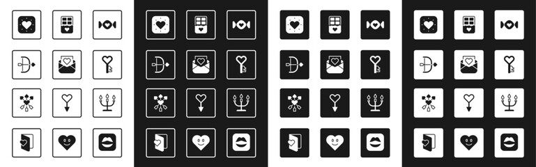Set Candy, Envelope with Valentine heart, Bow arrow, Heart, Key shape, Chocolate bar, Candlestick and Amour icon. Vector