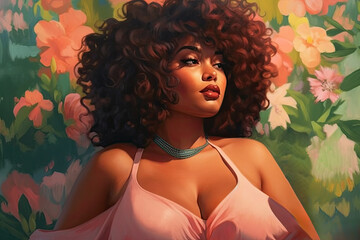 Beautiful young plus size model portrait with a curly hairstyle on floral background, fat girl with a chubby face and makeup © staras