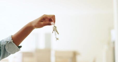 People, hands and realtor give keys to woman in new home, real estate and property for investment in house or apartment. Closeup, man and housing agent with customer for agreement and purchase