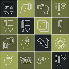 Set line Meteorology thermometer, Sun, Digital, Checking body temperature, Medical, and Celsius icon. Vector