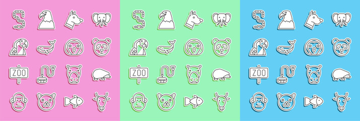 Set line Cow head, Hedgehog, Cute panda face, Dog, Whale, Macaw parrot, Worm and Owl bird icon. Vector