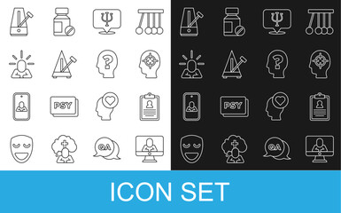 Set line Psychologist online, Medical clipboard, Finding problem, Psychology, Psi, Metronome with pendulum, Depression, and Head question mark icon. Vector