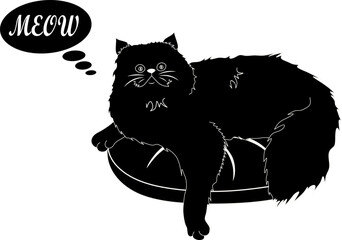 The black cat says "Meow". Cute hand drawn vector illustration with handwritten phrase in bubble isolated on transparent background.