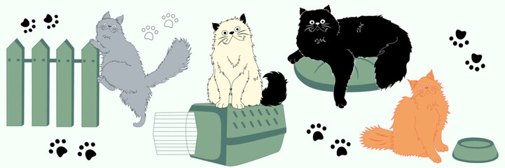 A set of four cute cats in different situations. Collection of funny cartoon animals. Lovely kittens. Muzzles of pets with mustaches. Vector illustration of domestic animals.