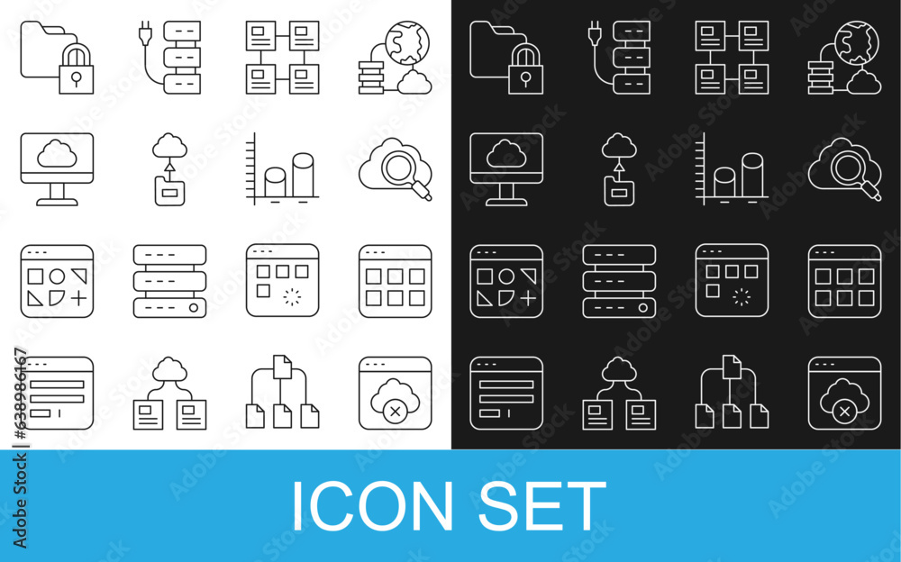 Poster set line failed access cloud storage, browser files, search computing, hierarchy organogram chart, c