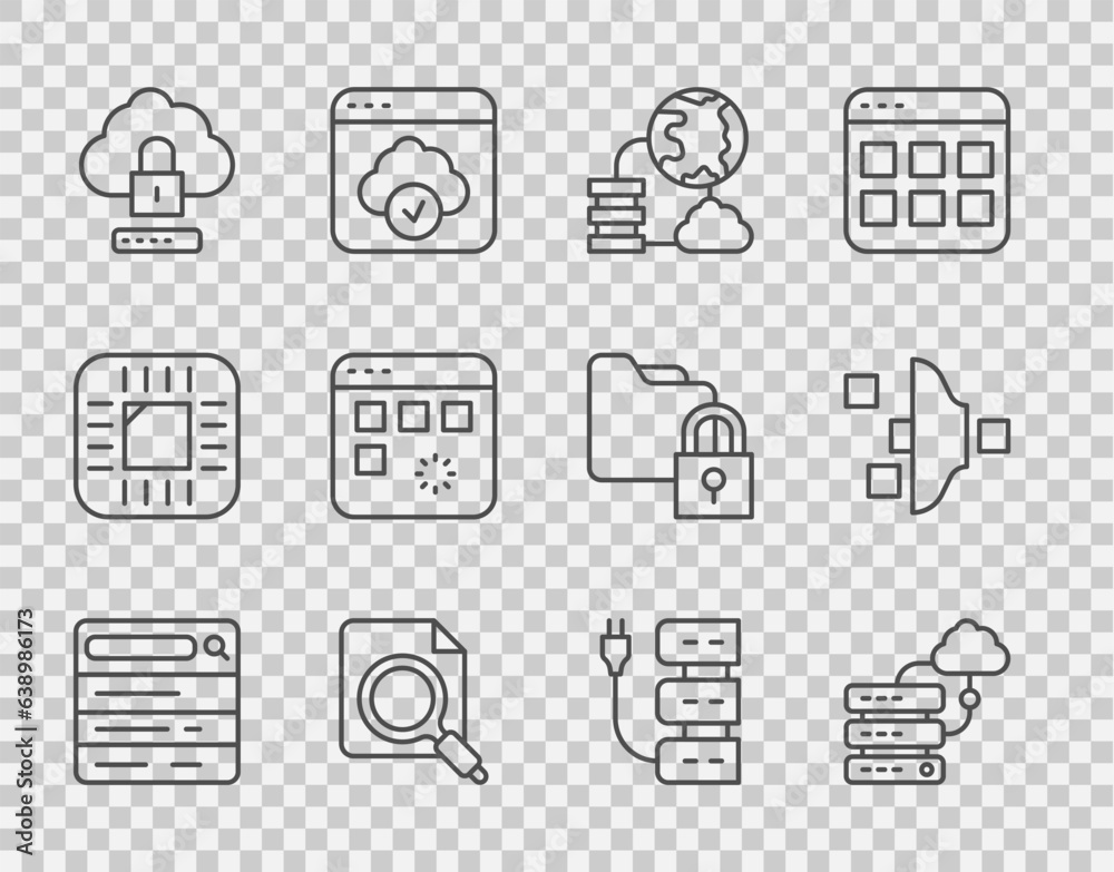 Poster set line search engine, network cloud connection, concept with folder, cloud computing lock, loading