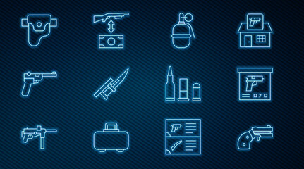 Set line Small gun revolver, Military ammunition box, Hand grenade, Bayonet rifle, Mauser, Gun in holster, Bullet and Buying assault icon. Vector