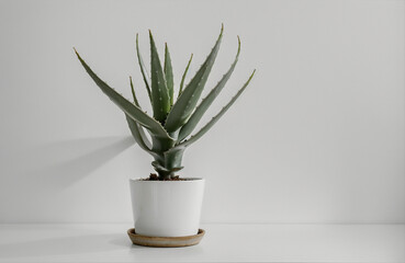 single potted plant on table white canvas background ,white studio background, white ambient background, abstract white background wall . AI Generative