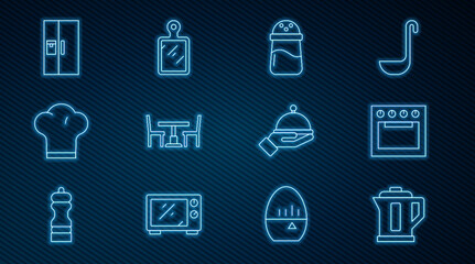 Set line Electric kettle, Oven, Salt, Wooden table with chair, Chef hat, Refrigerator, Covered tray and Cutting board icon. Vector