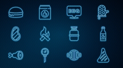 Set line Steak meat, Tabasco sauce, Barbecue, Campfire, Burger, Propane gas tank and coal bag icon. Vector