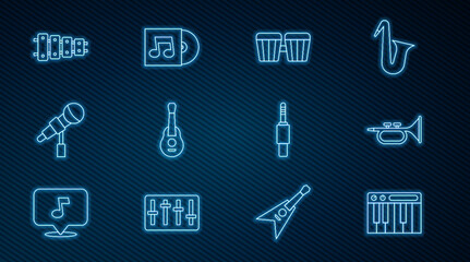 Set line Music synthesizer, Trumpet, Drum, Guitar, Microphone, Xylophone, Audio jack and Vinyl disk icon. Vector