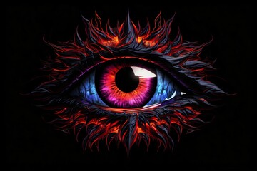 Red colored evil eye poster on a black background