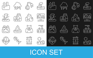 Set line Drought, Deforestation, Weather forecast, Gas pump nozzle and globe, Nuclear power plant, Tornado, Rise in water level and icon. Vector