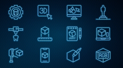 Set line RGB and CMYK color mixing, 3D printer, software, Isometric cube, tooth, setting, Sketch on paper and icon. Vector