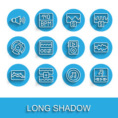 Set line Music wave equalizer, Speaker volume, note, tone, player, Drum machine, and icon. Vector