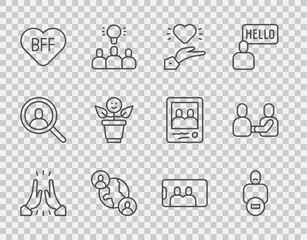 Set line Informal greeting, Loss of friend, Pleasant relationship, BFF best friends forever, Selfie mobile and Happy friendship day icon. Vector