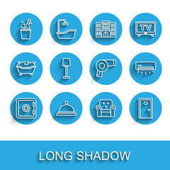 Set line Safe, Covered with tray of food, Bottle champagne, Armchair, Hotel door, Table lamp, Air conditioner and Hair dryer icon. Vector