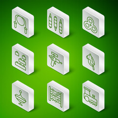 Set line Toy train, Abacus, Jump rope, Ray gun, building block bricks, Marker pen, Whirligig toy and horse icon. Vector