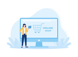 woman doing online shopping using laptop concept flat illustration