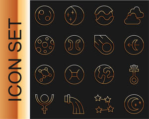 Set line Moon and stars, Old magic key, Sagittarius zodiac, Planet, Pisces, Full moon, Cancer and Comet icon. Vector