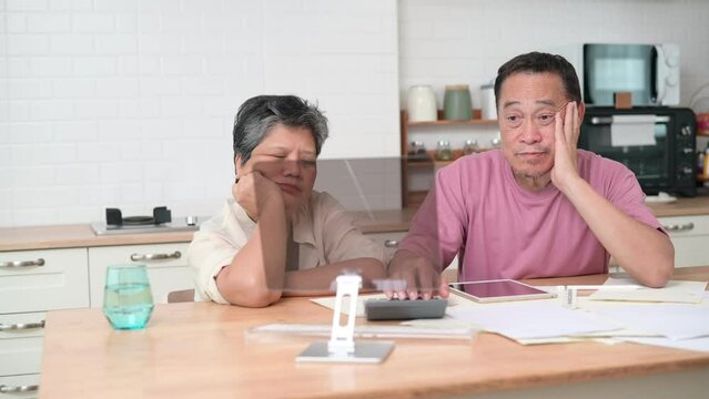 Serious Asian senior couple checking financial documents while calculating family budget at home