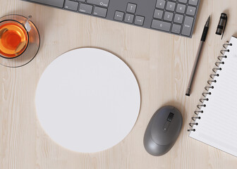 Blank and white, round computer mouse pad on the desk at home. Mousepad mockup. Copy space for your picture or text. Empty mouse mat ready for your design. Mock up, template. 3D render. © Creative_Bird