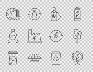 Set line Recycle bin, Leaf Eco symbol, Tag with leaf, Solar energy panel, Earth melting to global warming, Plant recycling garbage, and Tree icon. Vector