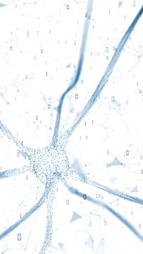 Nerve cell with binary code data on white vertical background.