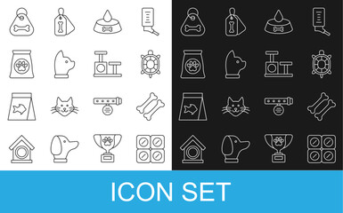Set line Dog pill, bone, Turtle, Pet food bowl for cat or dog, Cat, Bag of pet, collar with and scratching post toy icon. Vector